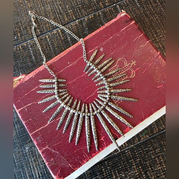 Silver Tone Spiked Collar Necklace Adjustable Textured Tribal Goth Punk - Picture 1 of 6